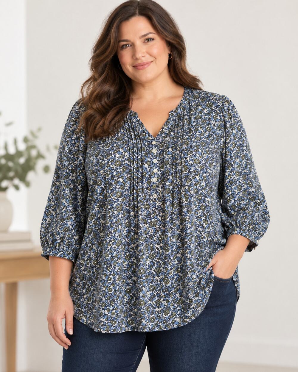 Rose + Olive 2X Blue Ditsy Floral Pintuck Tunic Blouse Boho